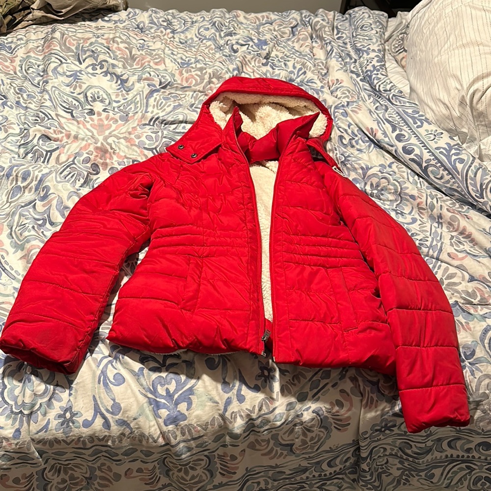 Red fur lined Hollister winter coat size Medium
